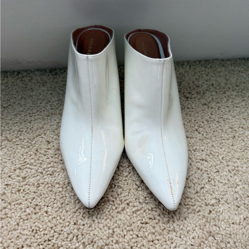 White Patent Leather Heeled Mules
